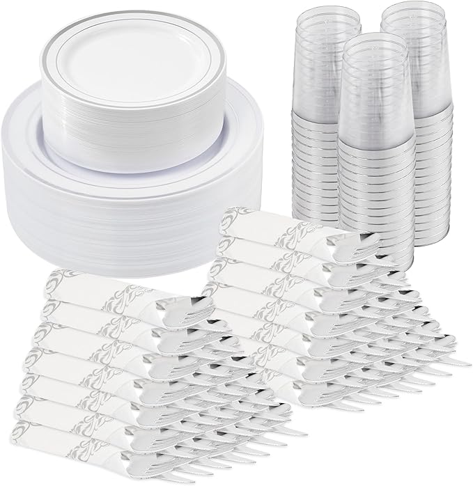350 Pieces Silver Disposable Plates for 50 Guests, Disposable Plastic Plates for Party, Wedding, Dinnerware Set of 50 Dinner Plate, 50 Salad Plate,50 Cups and 50 Paper Napkins, Silver