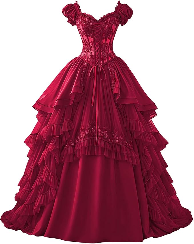 Ftupza Gothic Wedding Dresses Lace Appliques 1800s Victorian Dresses for Women Layered Tulle Prom Dress Long Ball Gown