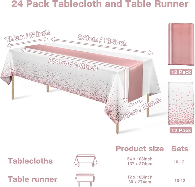 MASHAN 24 Pack White and Rose Gold Tablecloth Set - Rectangular PEVA Tablecloths and Satin Table Runners for Wedding, Baby Shower, Anniversary, Christmas, New Year Party