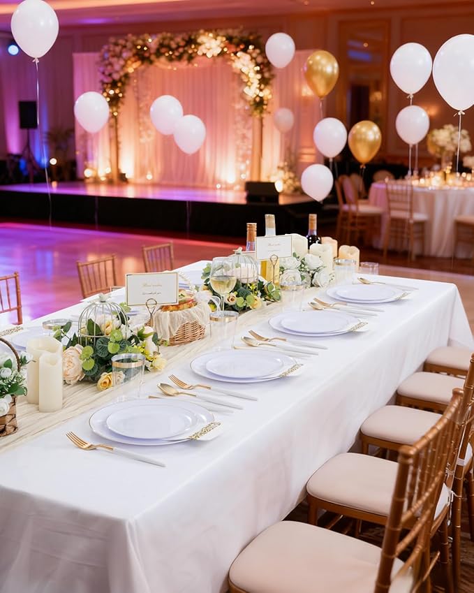 Supernal 350pcs Gold Plastic Dinnerware Set for 50 Guests,Fancy Disposable Plates for Party,Gold Plastic Silverware with White Handle,Disposable White Plates Wedding,Birthday