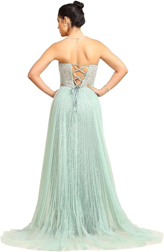 BABYONLINE D.R.E.S.S. Women's Handmade Sequin Evening Gown, Strapless Formal Dress with Side Split, Mesh Overlay 3200