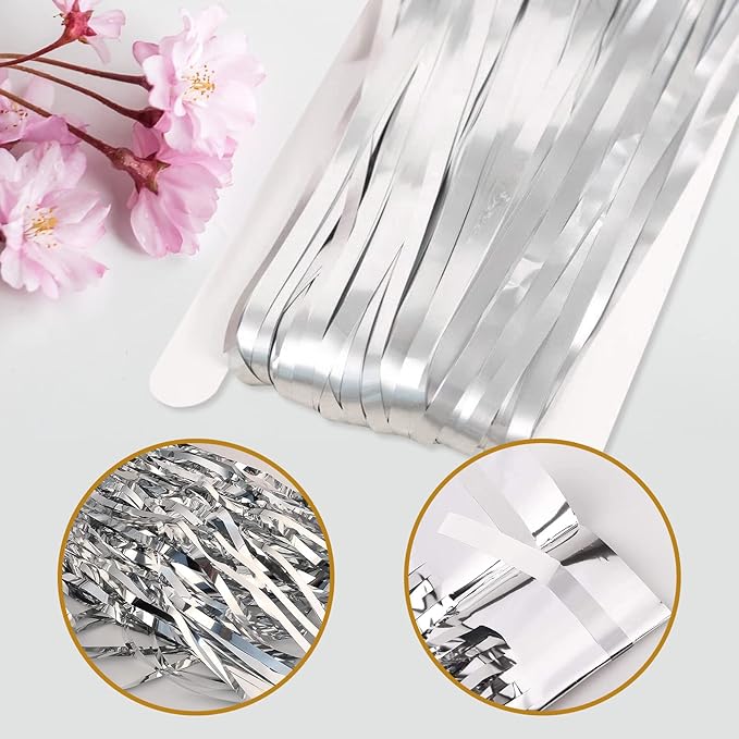 Silver Foil Fringe Curtains 50 Pack 3.2ft x 8.2ft Fringe Backdrop Curtains Metallic Tinsel Streamer Photo Backdrop for Birthday Party Decorations Halloween Christmas Party Supply (Silver)