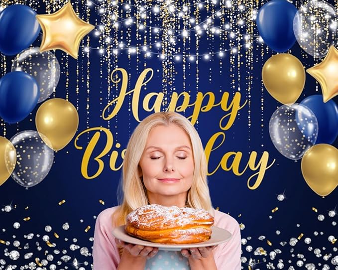 Blue Gold Happy Birthday Backdrop 10x8ft Gold Silver Glitter Birthday Photography Background Banner for Men Birthday Party Table Wall Decoration Photo Shoot Studio Props