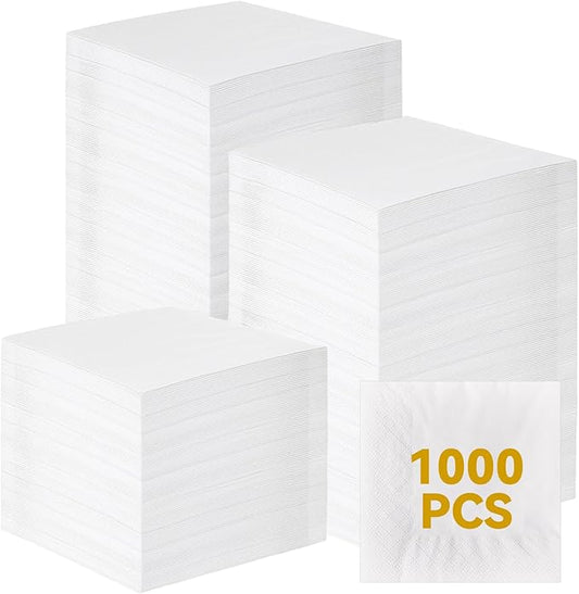 Henoyso 1000 Pack 2 Ply White Cocktail Napkins Bulk 9.8'' x 9.8'' Disposable Bamboo Dinner Beverage Paper Napkins for Wedding Bar Party Birthday Cocktail Holiday Elegant Restaurant Event
