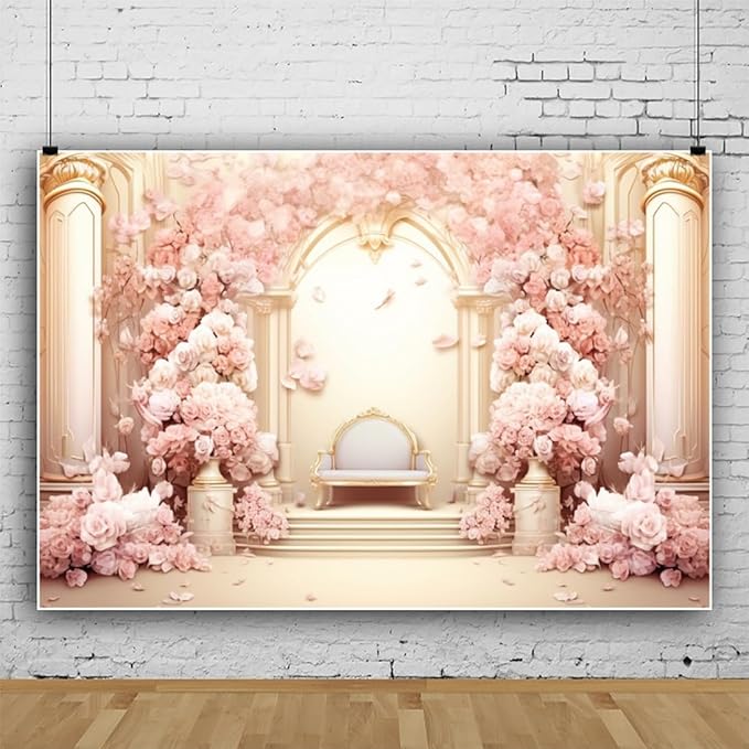 20x10ft Pink Floral Wall Backdrop Girls Rose Bridal Shower Palace Wedding Anniversary Flowers Baby Shower Party Decorations Photography Background Photo Shoot Props