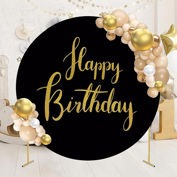 Gold Happy Birthday Black Round Backdrop Cover 7.2ft,Black Background with Gold Happy Birthday Sign for Photography Party Banner Decoration Supplies Circle Backdrop Adult Kids Photo Portrait