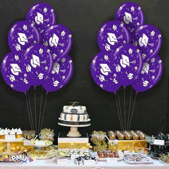 PMU 100 Pcs Purple Graduation Balloons Class of 2025 with All-Over Print White Grad Caps-Confetti and Streamers | Graduation Party Supplies | Congratulations Grad Latex Balloons Latex