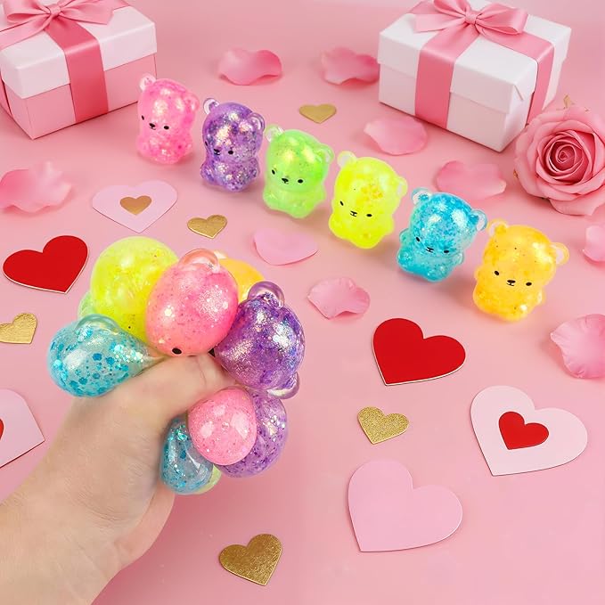 Valentines Day Cards for Kids Classroom, 24Pcs Cute Bear Squishy Toys with Valentine Cards, Valentines Day Gifts for Kids School, Valentine's Day Exchange Gifts Class Exchange Prizes