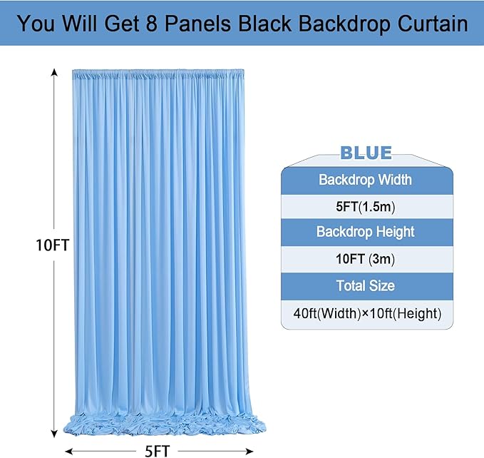 40ft x 10ft Wrinkle Free Baby Blue Backdrop Curtain for Boy Birthday Party,8 Panels 5×10ft Soft Silky Polyester Blue Photo Backdrop Drapes for Baby Shower Gender Reveal Wedding Photography