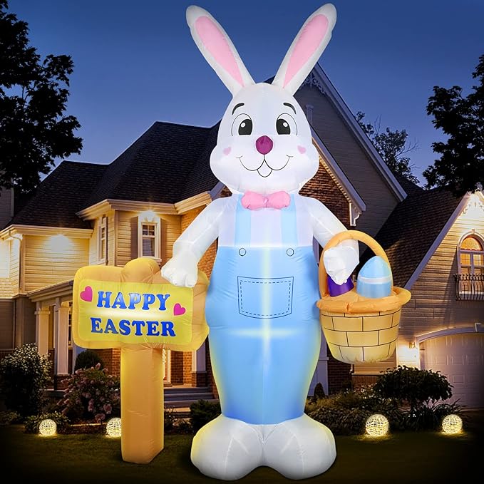 DomKom 8 FT Giant Easter Inflatable Bunny Outdoor Decorations, with Colorful Eggs Basket, Build-in LEDs Happy Easter Blow Up Yard Decorations for Party, Outdoor, Garden, Yard Lawn Décor