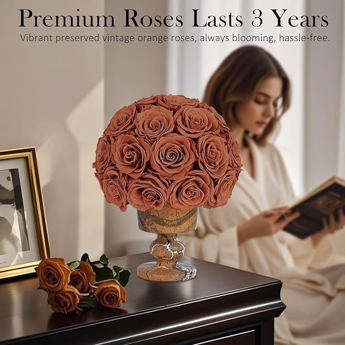 Forever Flowers 31 Preserved Roses in Marble Vase, Flower for Delivery, Eternal Roses Romantic Gift for Her, Table Centerpiece for Home Decor, Valentine’s Day Gift Vintage Orange