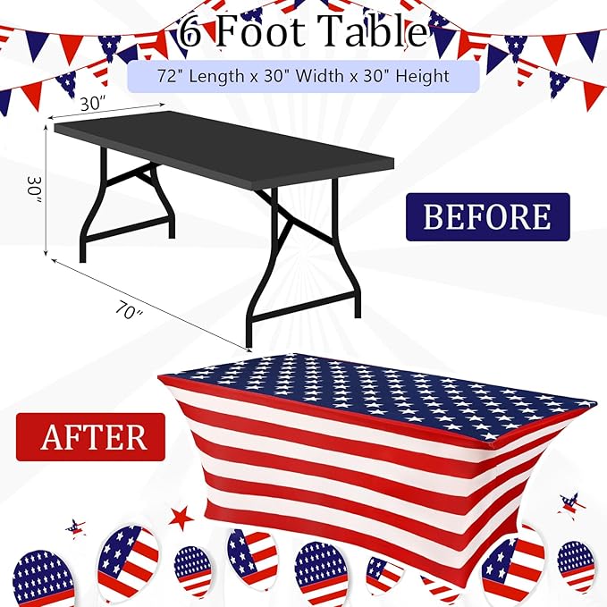Oudain 2 Pcs Memorial Day Star Stretch Table Cover 6 Feet Patriotic Red White and Blue Spandex Table Clothes American Star Party Decorations for Independence Day Veterans Events Party Celebration