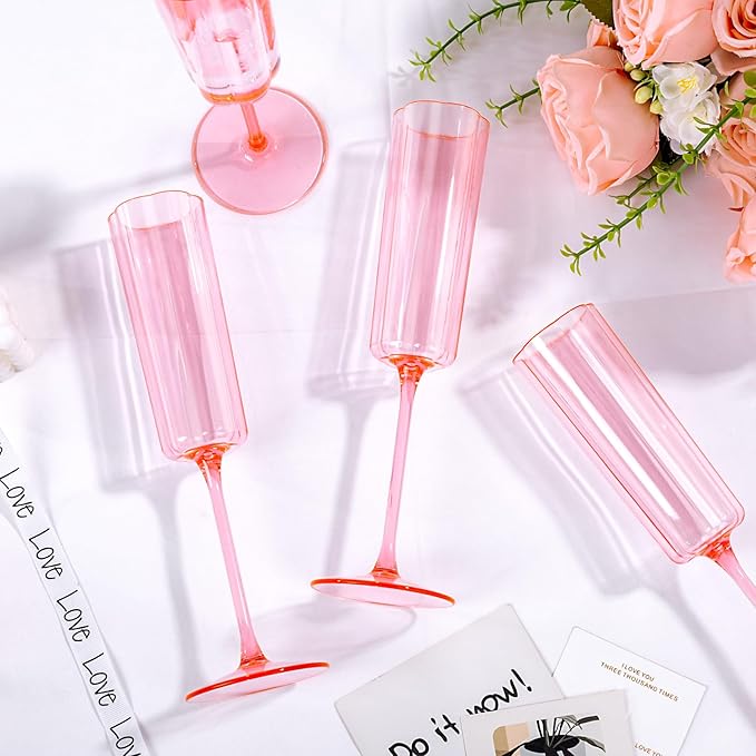 YOUBET 36 Pack Pink Champagne Flutes Plastic - 6 Oz Flower Wavy Champagne Plastic Glasses - Heavy Duty Vintage Disposable Flutes for Wedding Party Birthday Anniversary Valentines Day