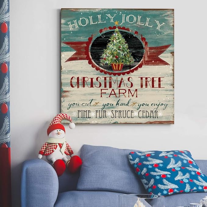 Renditions Gallery Holly Jolly Christmas Tree Farm Wall Art, Cute Winter Decor, Vintage Faux Wood Look, Festive, Premium Gallery Wrapped Canvas, Ready to Hang, 32 in H x 32 in W, Made in America