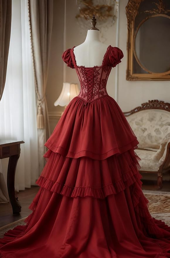 Ftupza Gothic Wedding Dresses Lace Appliques 1800s Victorian Dresses for Women Layered Tulle Prom Dress Long Ball Gown