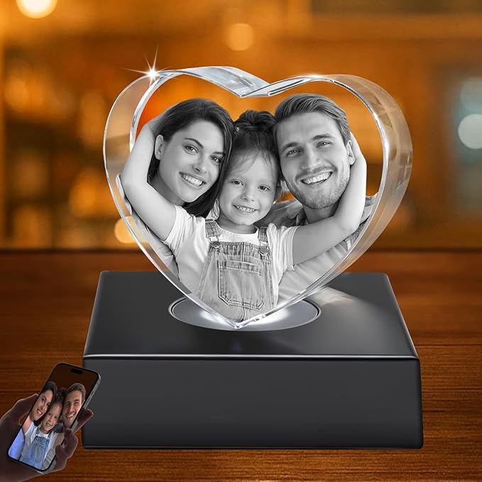 Valentine’s Day Couple Gift,Custom 3D Crystal Photo Heart, Personalized Laser Engraved Glass Keepsake for Her,Custom 3D Etched Photo Inside Heart Shape Sentimental Memorial Gift