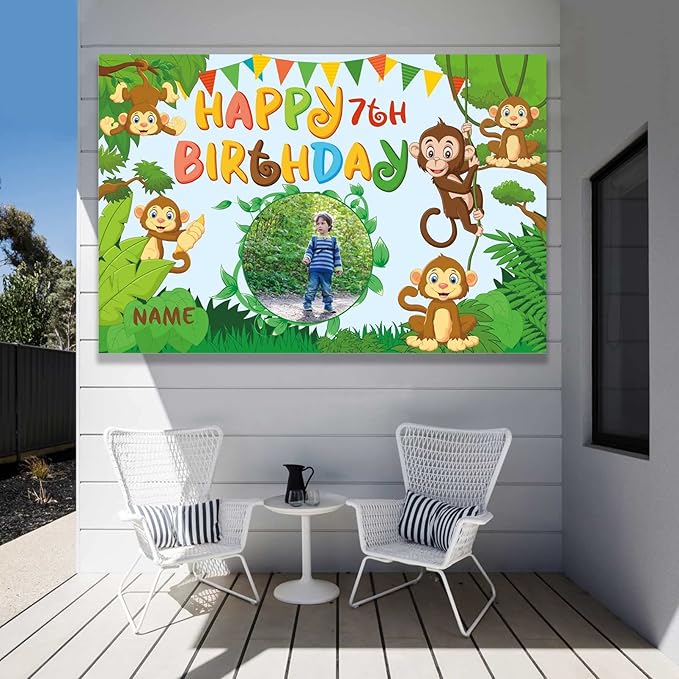 Custom Monkey Jungle Safari Happy Birthday Party Decorations Supplies Personalized Monkey Jungle Safari Green Birthday Backdrop Banner(6x9ft)