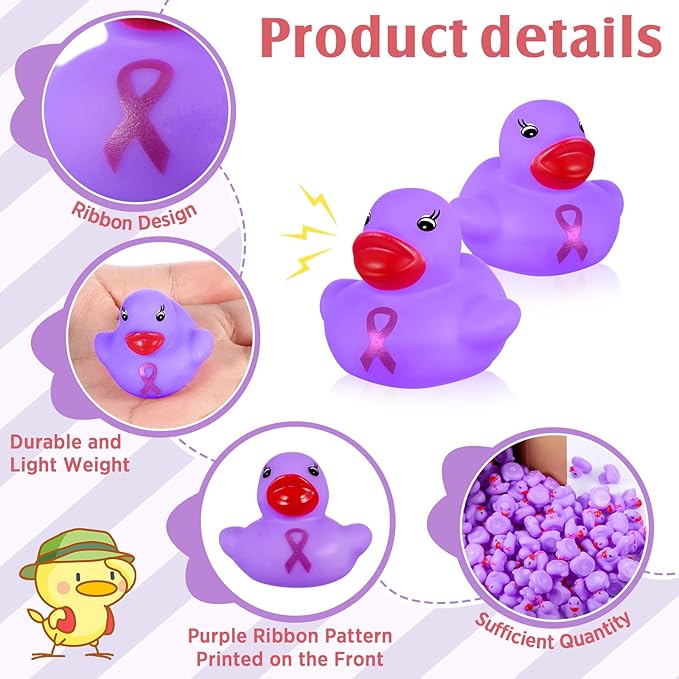 200 Pcs Purple Rubber Ducks Domestic Violence Awareness Ribbon Bath Duck Float Mini Bath Toys Bulk Pancreatic Cancer Alzheimers Awareness Products for Charity Event Supplies