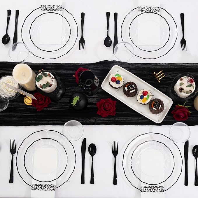 LIYH 700 Pcs Clear Black Plastic Dinnerware Set for 100 Guests, Disposable Plastic Wavy Black Plates for Party Include Dinner & Dessert Plates, Napkins, Cups, Cutlery for New Years Day