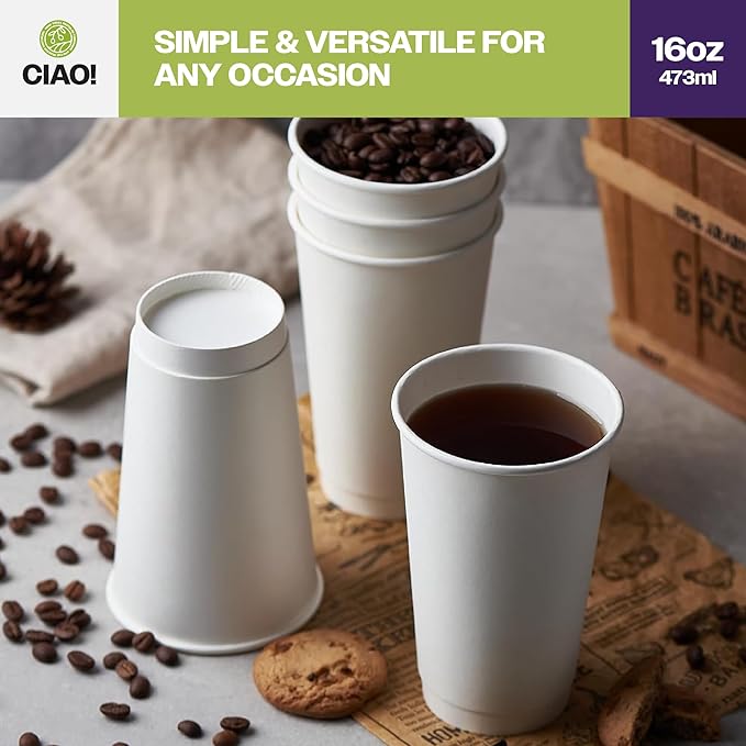 CIAO! 16 oz Insulated Double Wall White Paper Hot Cup, 90mm Diameter, 400 Count