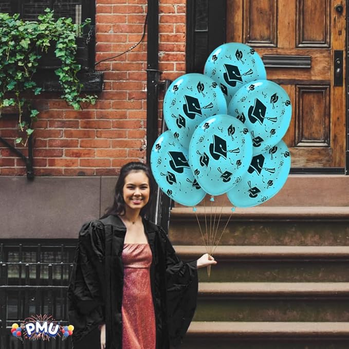 PMU 100 Pcs Turquoise Graduation Balloons Class of 2025 with All-Over Print White Grad Caps-Confetti and Streamers | Graduation Party Supplies | Congratulations Grad Latex Balloons Latex