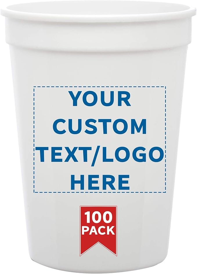 Custom Disposable Plastic Cups 12 oz. Set of 100, Personalized Bulk Pack - Perfect for Summer, Sporting Events, Birthdays, Weddings, Picnic, Beach, Parties - White
