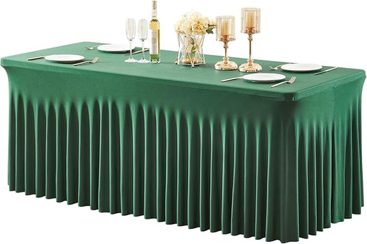 1 Pack Green Table Clothes for 8 Foot Rectangle Tables, Wrinkle Resistant Stretch Spandex Table Covers Fitted Tablecloth with Skirt for Easter Event Banquet Wedding Birthday Party