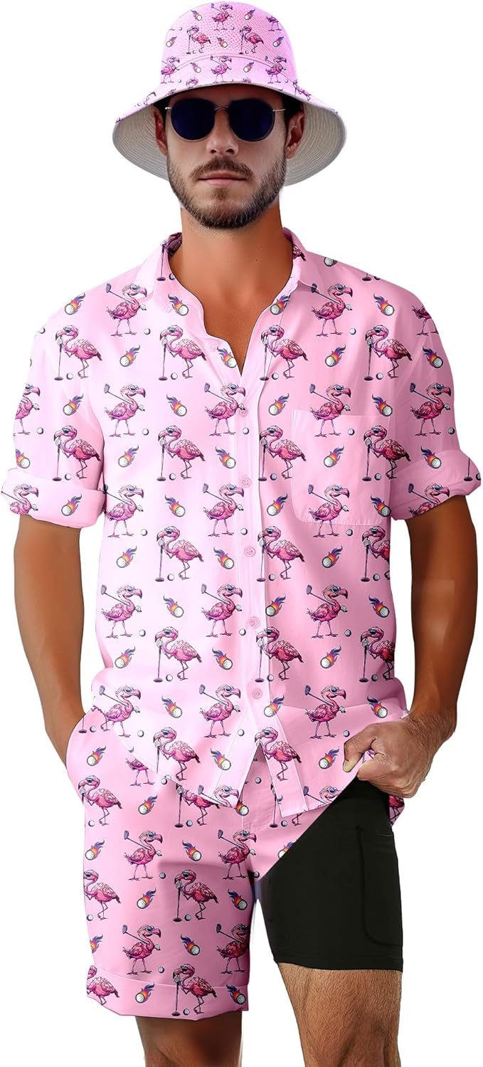 Men's 2 Piece Tracksuit 80s 90s Outfit Button Down 80s Shirts and Shorts Sets with Bucket Hats