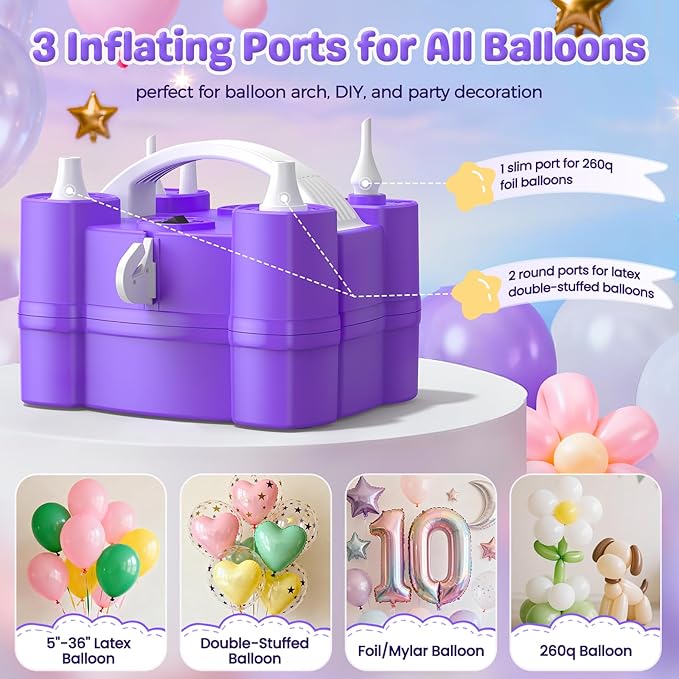Electric Balloon Pump, 4-in-1 Balloon Blower with Triple Inflating Ports for All Balloons, Air Pump for Sports Balls, Inflator& Deflator for Inflatables (Dust-Proof Storage Bag Included)