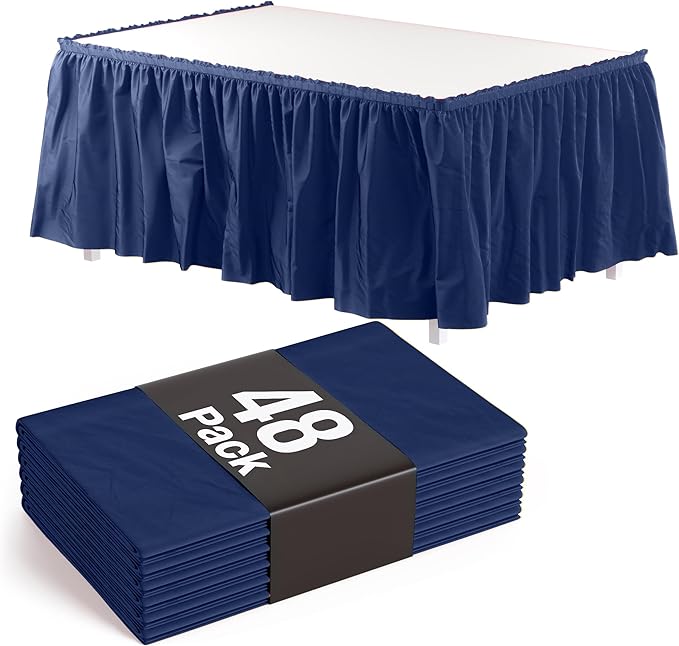 Exquisite Navy Table Skirt 48 Pack 29" X 14 Ft Long Black Table Skirts for Rectangle Tables 6ft Plus or Round Tables - Ruffle Table Skirt with Adhesive Strip - Gender Reveal Decor & Party