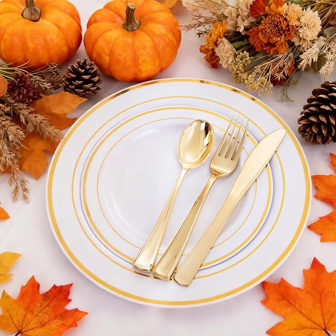 WELLIFE 96 Pcs Gold Plastic Dinnerware Set, Disposable Silverware and Cups, Gold Dinnerware Set, Includes: 16 Dinner Plates 10.25", 16 Dessert Plates 7.5", 16 Cutlery for Party