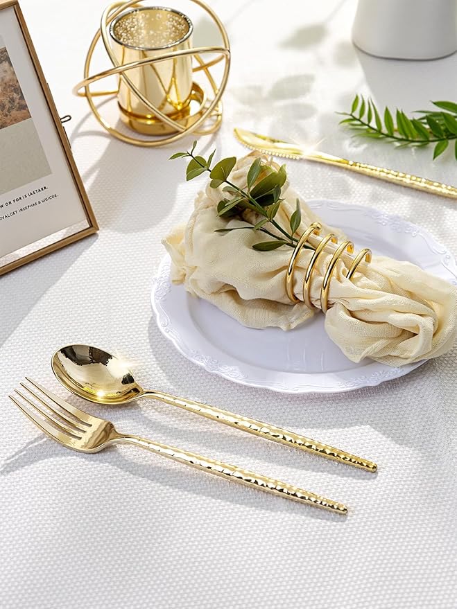 U-QE 180 PCS Gold Plastic Forks - 7.7 Inch Hammered Heavy Duty Plastic Forks - Elegant Gold Plastic Silverware - Perfect for Parties & Weddings and Other Daily Events