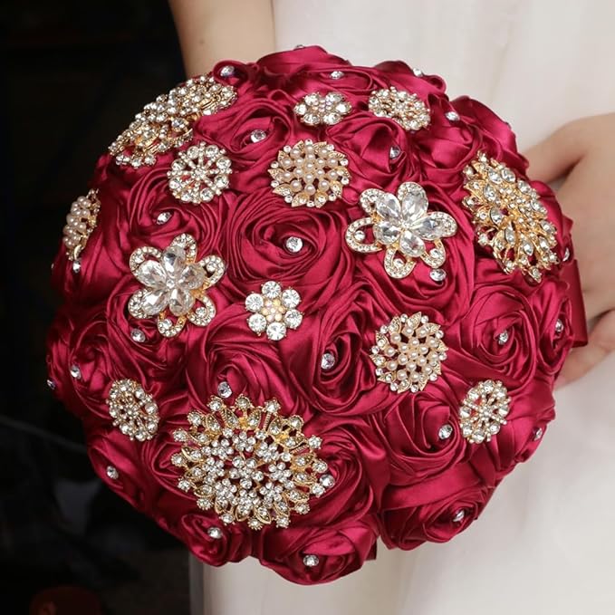Dark Red Handmade Wedding Bridal Bouquet with Luxury Gold Rhinestone Brooch Satin Rose Flower Bouquet for Bride Bridesmaid Quinceanera Wedding Bouquet Dark Red 7.5in
