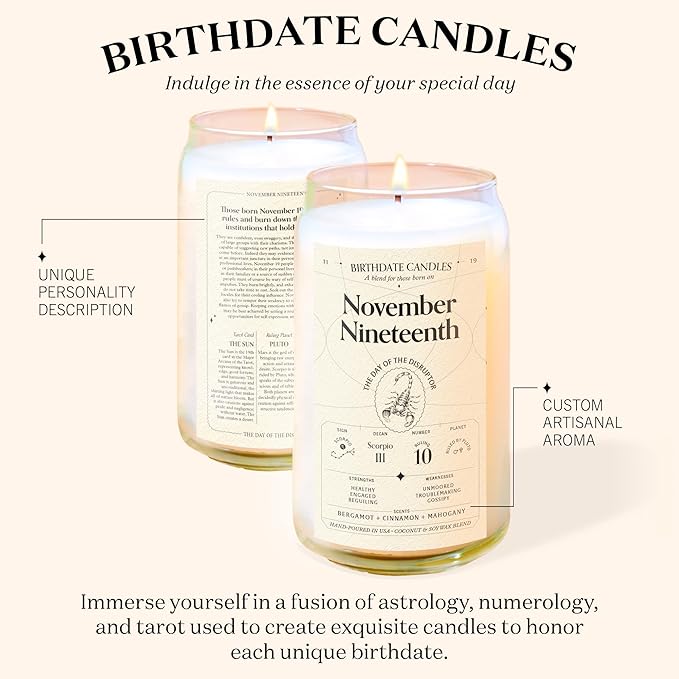 Birthdate Candles, November 19 - Scorpio Zodiac Scented Candles Birthday Gift - Bergamot, Cinnamon & Mahogany Scent - All-Natural Soy & Coconut Wax, 60-80 Hour Burn Time - Made in USA