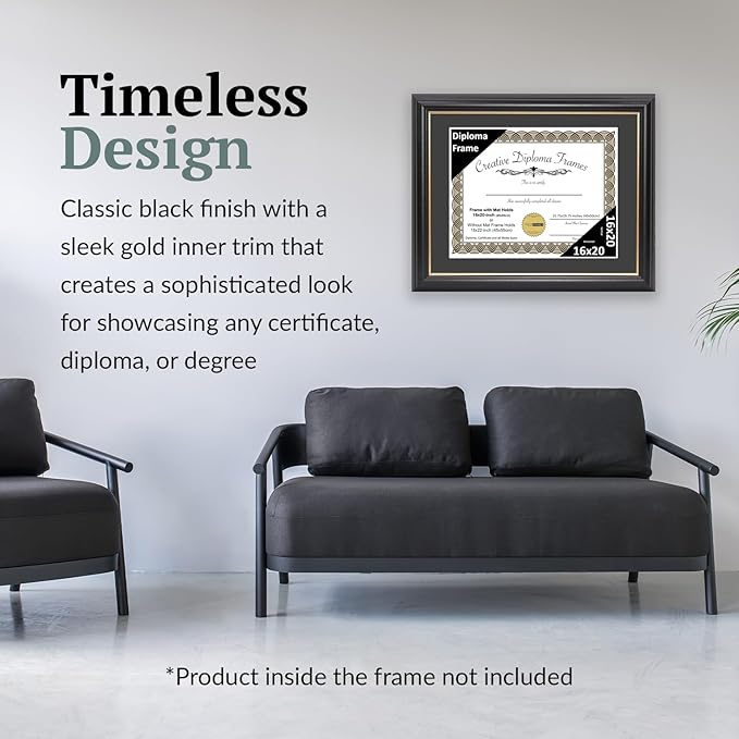Creative Picture Frames 16" x 20" Rockefeller Black with Gold Rim Diploma Frame, Displays 16" x 20" Certificate or 18" x 22" Document without Mat, College Degree Frame, Full-Strength Glass, Black Mat