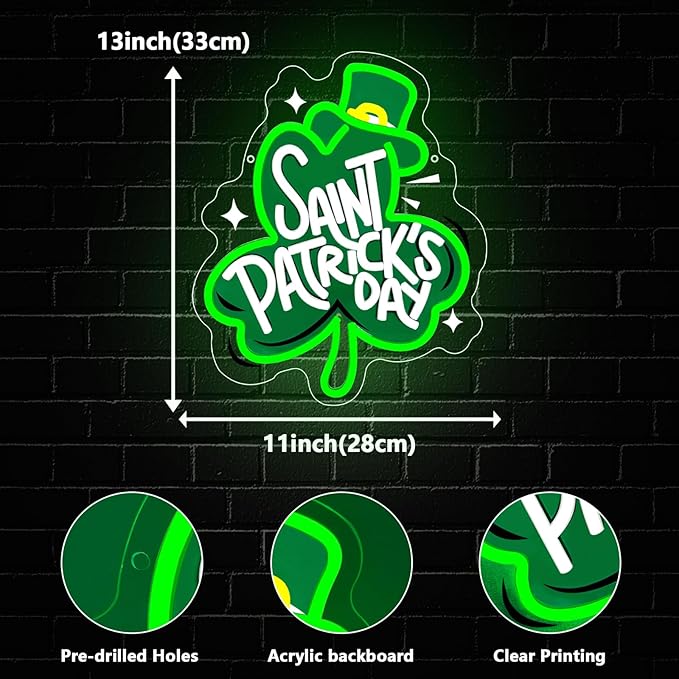 St Patrick's Day Neon Sign, Lucky Clover Happy St Patrick's Day Led Neon Light Signs for Wall Decor Party Favor Green Lucky Leaf Sign for Arbor Day Store Decorations Gift Dimmable USB Powered