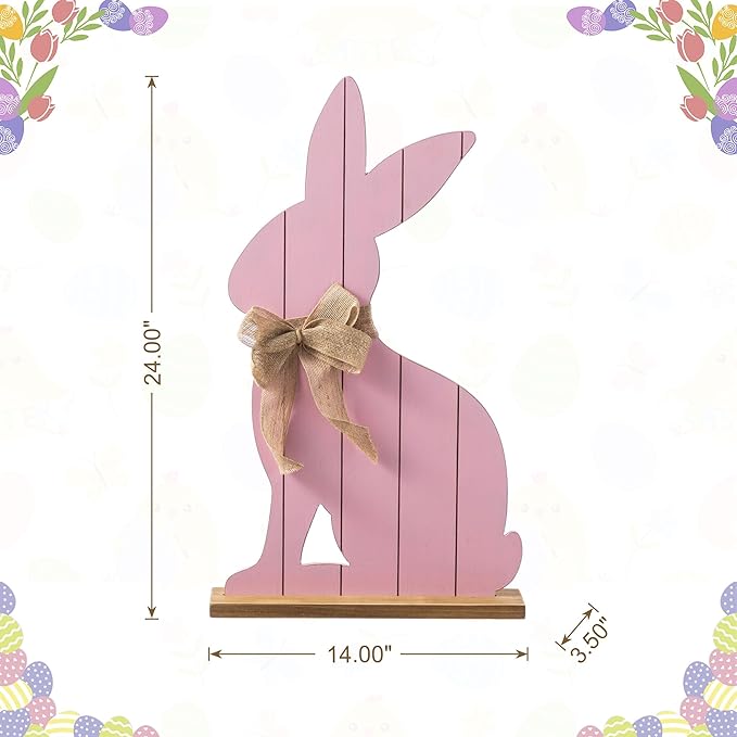 Glitzhome 24"H Easter Wooden Pink Bunny Porch Decor,Standing Porch Sign Decoration for Front Door Outdoor Spring Rustic Yard Party Garden Decor