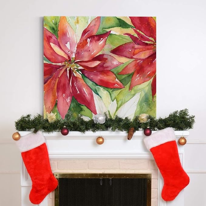 Renditions Gallery Poinsettia Leaves Wall Art, Christmas & Winter Artwork, Festive Red & Green, Flowers, Floral, Premium Gallery Wrapped Canvas Decor, Ready to Hang, 32 in H x 32 in W, Made in America