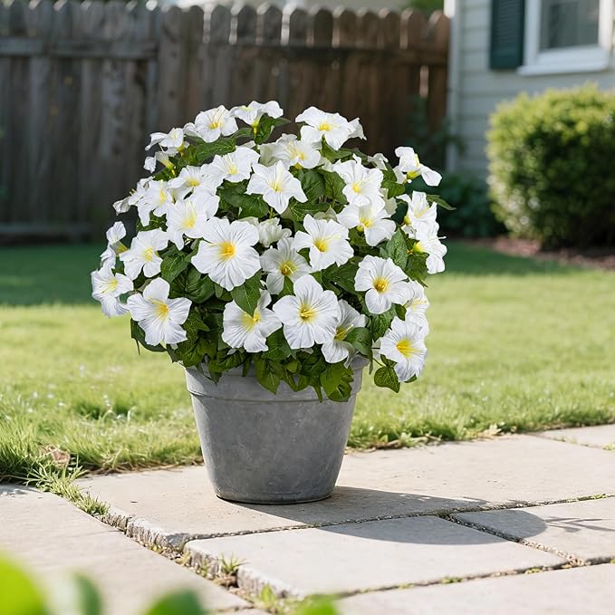 19 Inch Artificial Fake Flowers for Outdoor,4 Pcs Faux Silk Petunias Spring Flowers for Outside for Indoor Porch Planter Front Door Garden Patio Window Box Home Decor(White)
