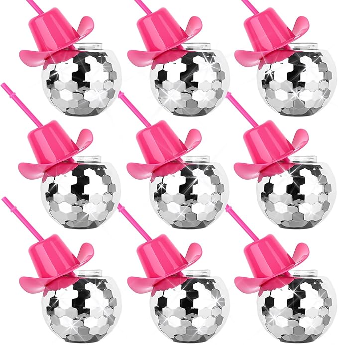 9 PCS Disco Ball Cups Pink Cowgirl Hat Mirror Party Cup with Straws Silver 70s Cocktail Cup Sparkling Tumbler Wine Glass for 1970s Bar Dance Cowboy Bachelorette Party Decorations Supplies