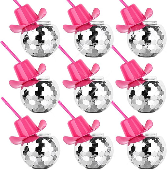9 PCS Disco Ball Cups Pink Cowgirl Hat Mirror Party Cup with Straws Silver 70s Cocktail Cup Sparkling Tumbler Wine Glass for 1970s Bar Dance Cowboy Bachelorette Party Decorations Supplies