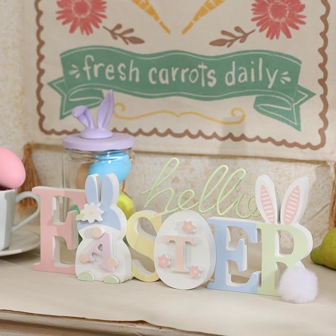 NIKKY HOME Wooden Easter Bunny Sign, Easter Decor for Table, Cute Rabbit Shaped Holiday Decor, Bunny Decorations Centerpiece for Home Mantel Shelf Decorations
