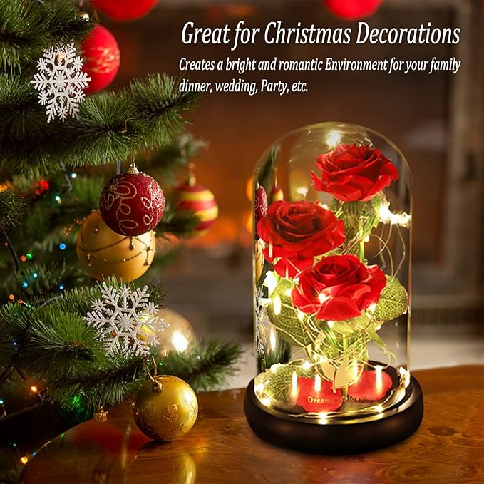 Beauty and The Beast Rose, Classic Red Rose with LED Lights and Falling Petals, Gifts for Women, Birthday Gifts for Women, Light Up Rose in Glass Dome, Valentine's Day Gifts for her