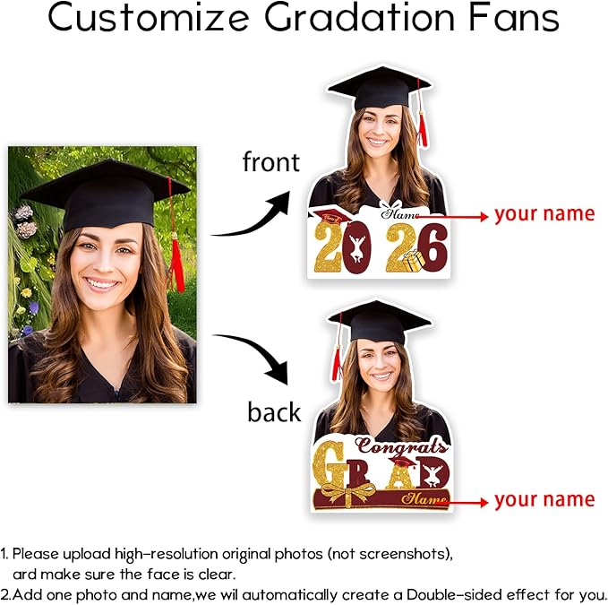 Personalized Graduation Face Fan 2026 Grade Custom Double Sided Face Cutout Fan with Handle Photo Booth Prop Party Supplies(B-Maroon and Gold,24pcs)