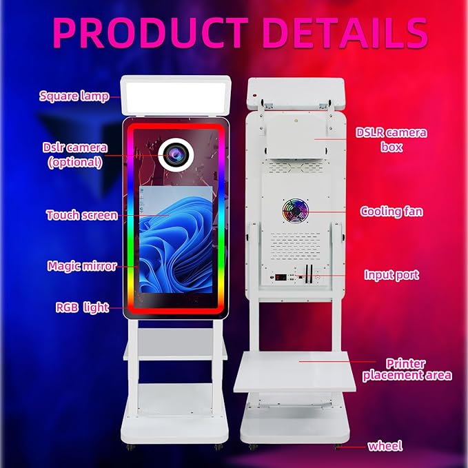 Magic Mirror Photo Booth Machine with Camera, 40in Mirror Photobooth with 21.5" Touch Screen, Built-in Mini PC, with Cooling Fan, for Parties, Birthdays, Trade Shows (White, with Camera no Printer)