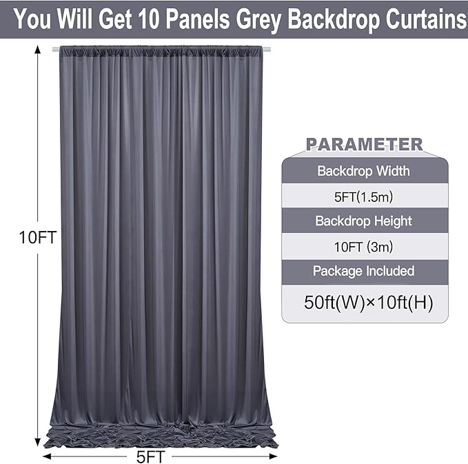 50ft×10ft Wrinkle Free Grey Backdrop Curtains for Parties, 10 Panels 5×10ft Soft Silky Polyetsr Charcoal Photo Backdrop Drapes for Birthday Party Baby Shower Wedding Photography