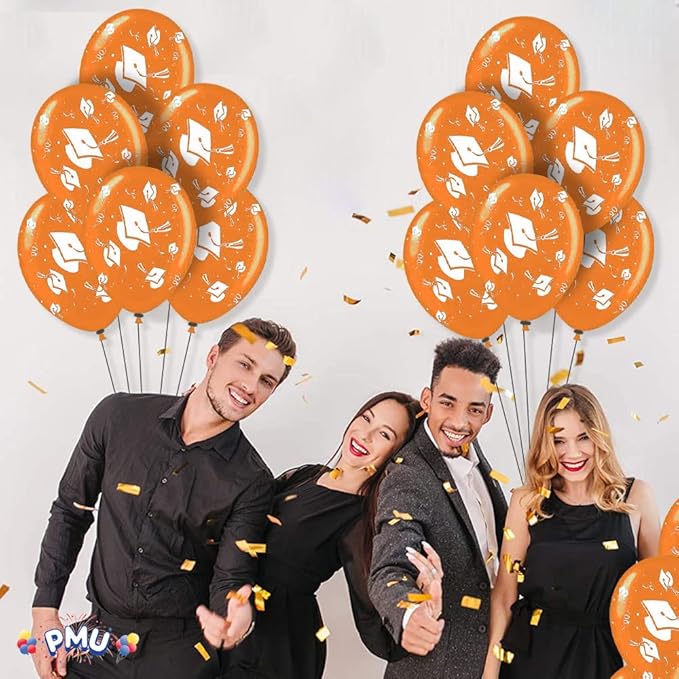 PMU 100 Pcs Orange Graduation Balloons Class of 2025 with All-Over Print White Grad Caps-Confetti and Streamers | Graduation Party Supplies | Congratulations Grad Latex Balloons Latex