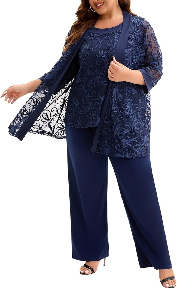 Plus Size 3 Piece Floral Embroidered Pantsuit Set Women Mother of Bride Wedding Guest Formal Evening Cocktail Party Attire