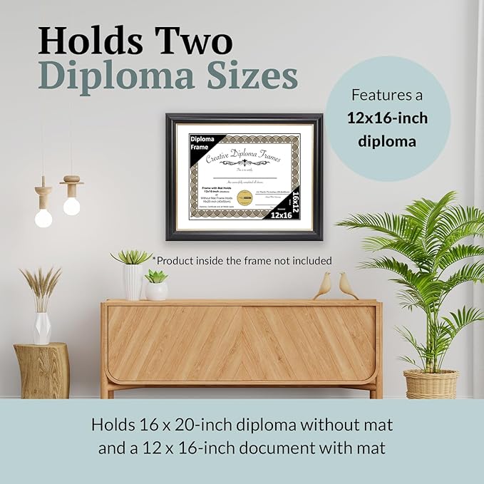 Creative Picture Frames 12" x 16" Rockefeller Black with Gold Rim Diploma Frame, Displays 12" x 16" Certificate or 16" x 20" Document without Mat, College Degree Frame, Full-Strength Glass, White Mat