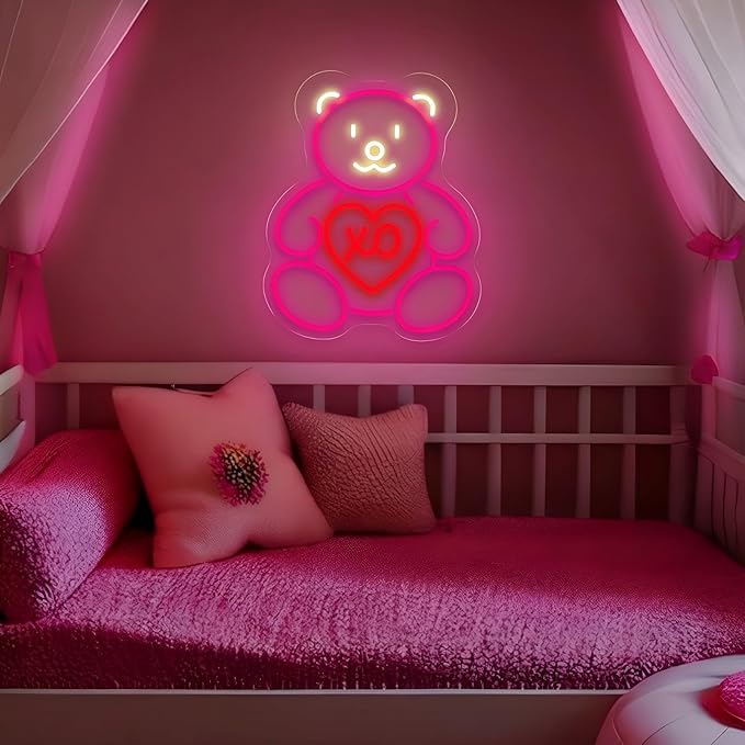 Pink Teddy Bear Neon Sign for Wall Decor, Sweet XO Heart LED Neon Light for Teen Girl Bedroom & Girlfriend Gift, Cute Neon Wall Art for Valentine’s Day Decor & Cozy Room Lighting 15.8"x12.6"